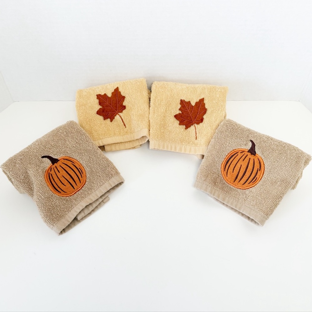 Autumn Embroidered & Applique Wash Cloths Set - 2 Pumpkin, 2 Leaf